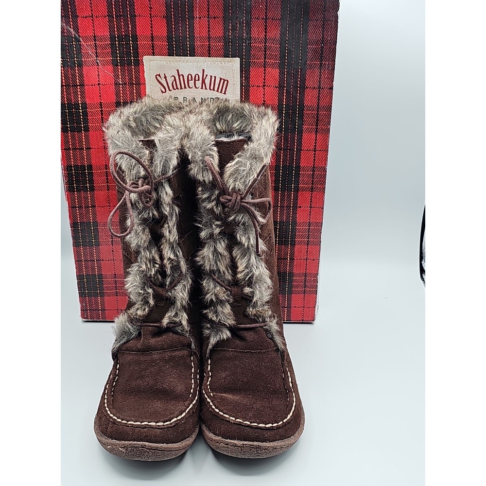 Staheekum Womens Sz 9 Brown Faux Suede Faux Fur Winter Boots Lace Up Moc Toe